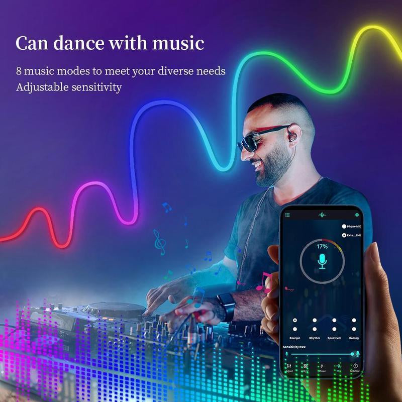 5M RGB Neon Light Strip, Bluetooth APP Controlled LED Mood Lighting with Music Sync & Remote Control, USB Powered Lights for Bedroom, Gaming Room & Party Decor