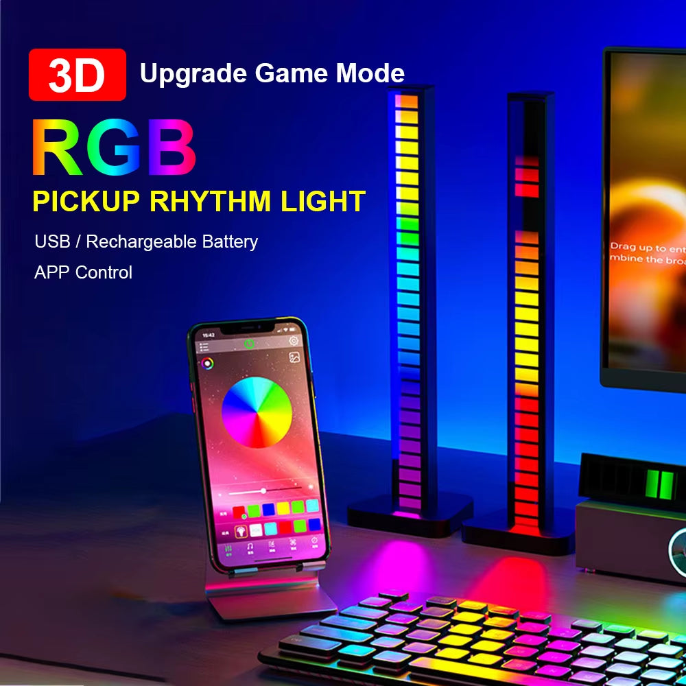 16/32/40 LED Charge RGB Light Bar Sound Activated Music Pickup Voice Lights Ambient Lamp Aesthetic Game Room Decor