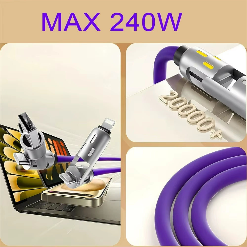 240W Type C Fast Charging Cable 4-In-1 USB PD Silicone Super Fast Charging Cord Type-C to USB a Cable for Iphone Samsung Xiaomi
