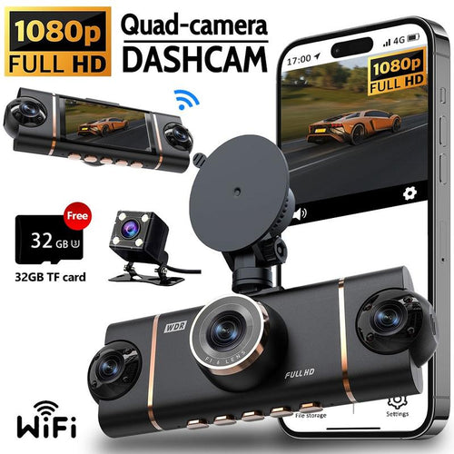 4 Channel Dash Cam Wifi 1080P Full HD, Super Night Vision 8 IR Lights, G-Sensor, Loop Recording, 24/7 Parking Monitor, Multi Rear Camera, Free 32GB TF Card, Wifi Dashcam