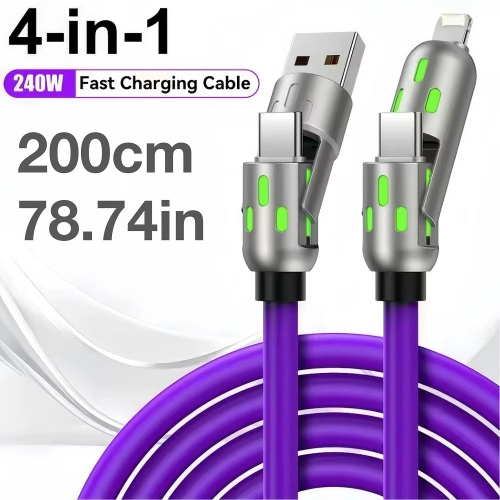 240W Type C Fast Charging Cable 4-In-1 USB PD Silicone Super Fast Charging Cord Type-C to USB a Cable for Iphone Samsung Xiaomi