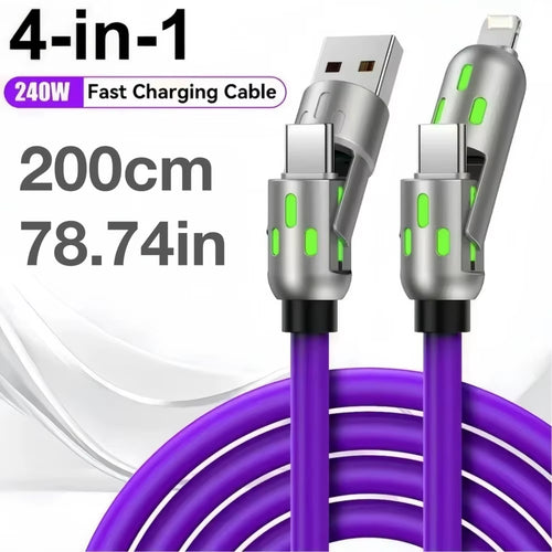 240W Type C Fast Charging Cable 4-In-1 USB PD Silicone Super Fast Charging Cord Type-C to USB a Cable for Iphone Samsung Xiaomi
