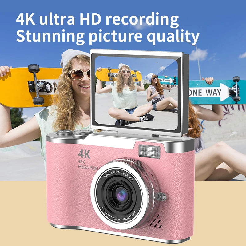 4K CCD Digital Camera for Student 48MP Compact Digital Photography Camera 180°Flip Screen Selfile Camera for Kid Adult Beginners