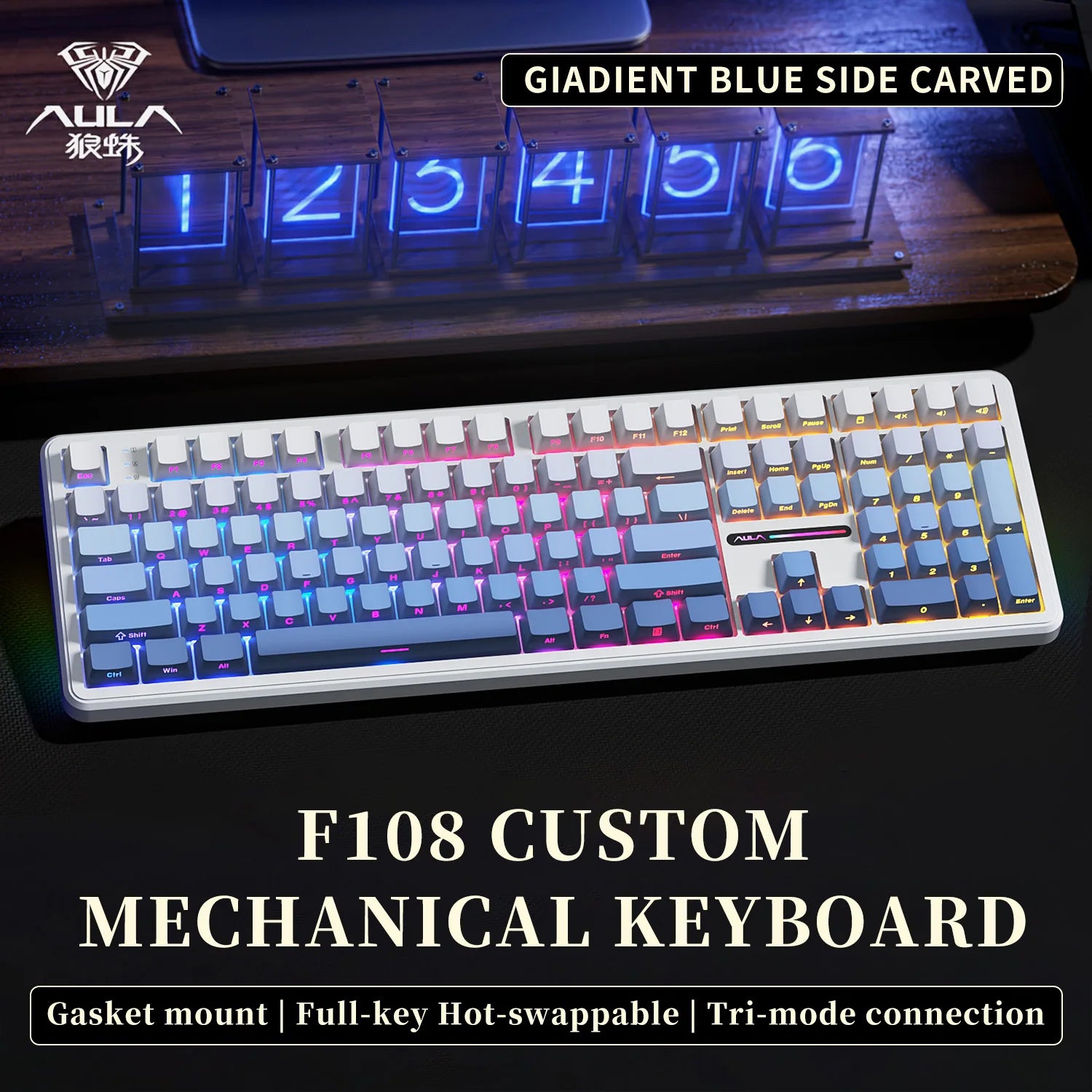 AULA F108 PRO/F108 Mechanical Keyboard Custom 100% Layout RGB Backlight Wireless Bluetooth Hifi Switch Gaming Keyboard