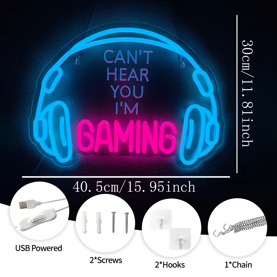 Gaming Neon Sign,Colored LED Headset Gamer Neon Lights,USB Powered Lightup Game Signs for Game Zone,Boy Bedroom Wall Decor,Gift