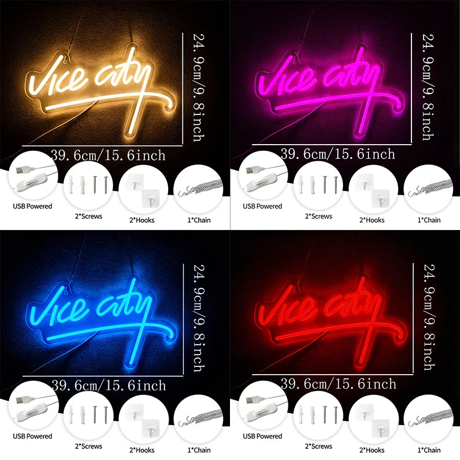 Vice City Series Neon Sign, Led Letter Icon Luminous Wall Lamp, Usb Powered, Used For Room, Bar, Club, Game Room, Man Cave Decor