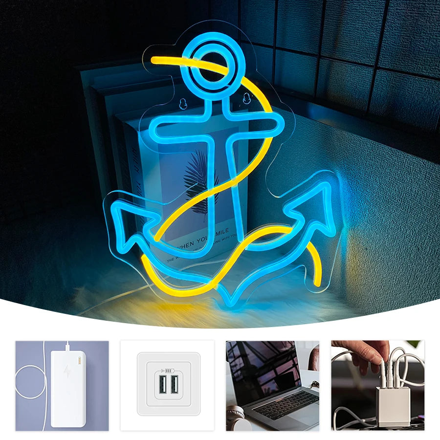 Anchor Neon Lights, Blue Anchor Led Signs, Used For Artistic Decor Of Beer Bars, Clubs, Offices, Hotels And Men'S Caves.