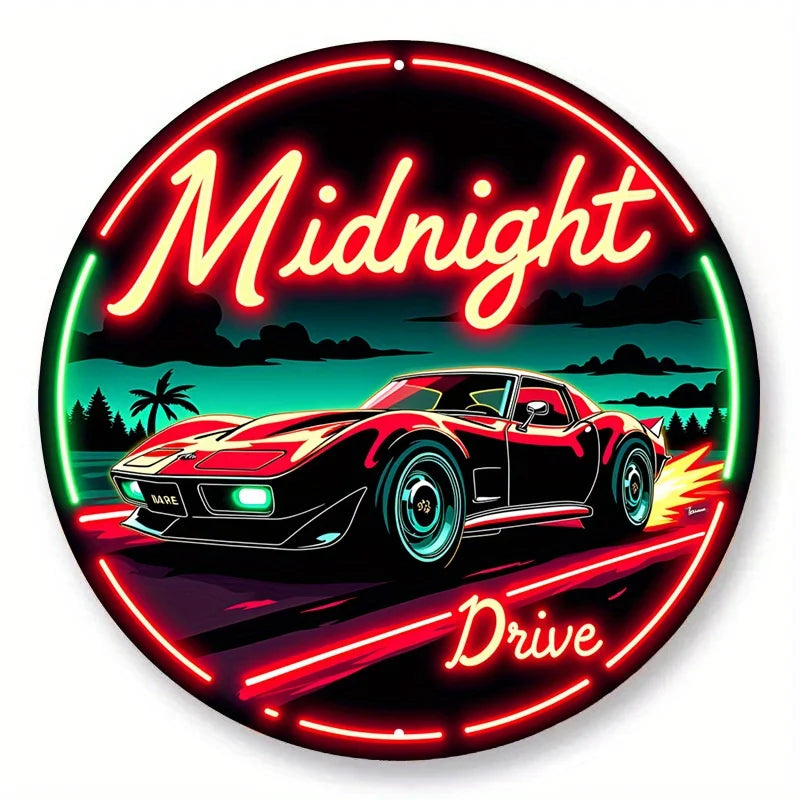 Vintage Neon Car Sign Midnight Drive – Retro Automotive LED Art Metal Sign with Red & Green Lights, Round Metal Wall Decor
