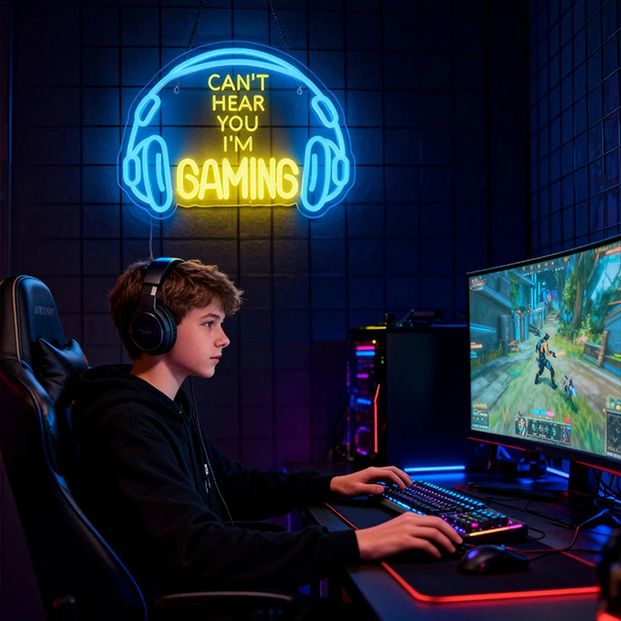 Gaming Neon Sign,Colored LED Headset Gamer Neon Lights,USB Powered Lightup Game Signs for Game Zone,Boy Bedroom Wall Decor,Gift