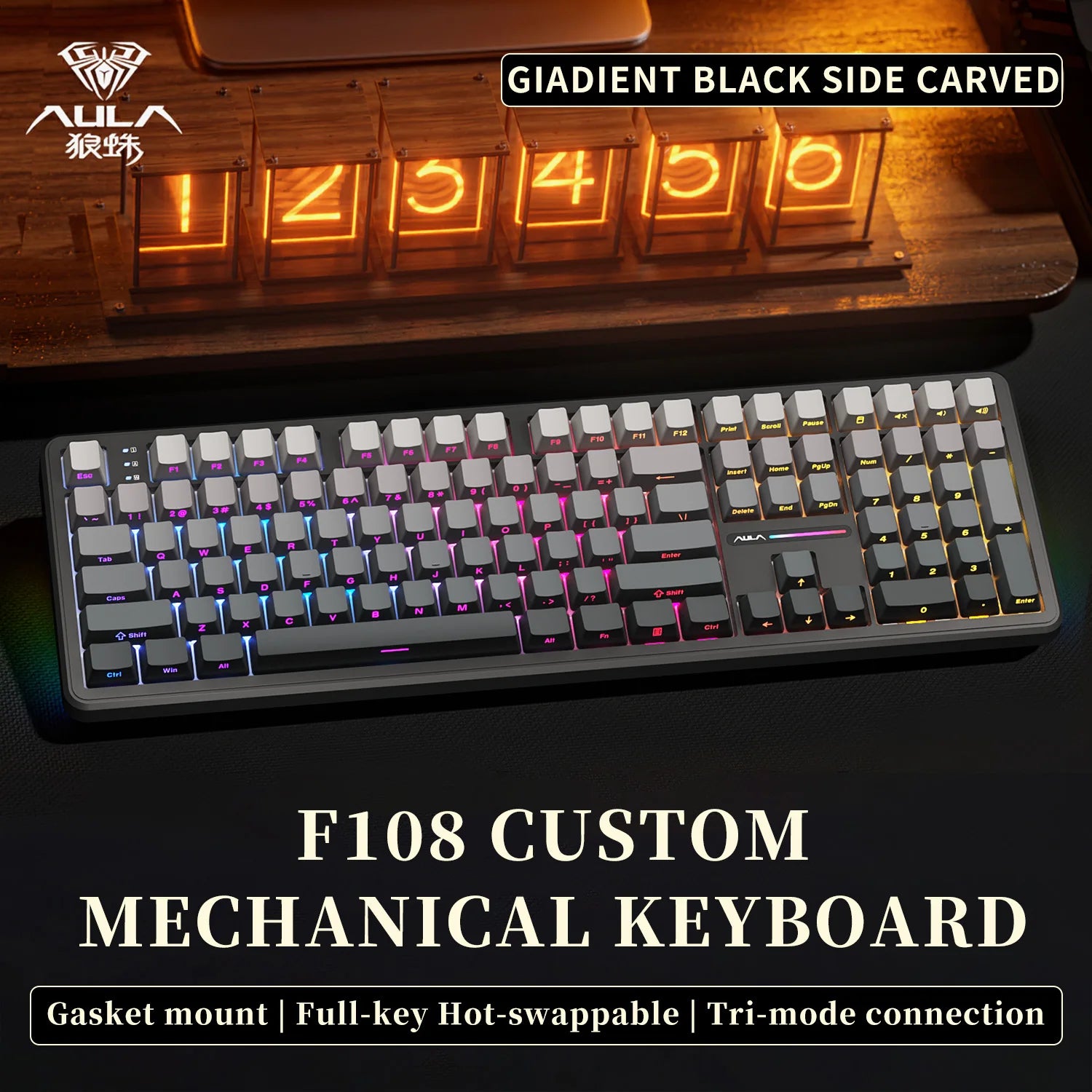 AULA F108 PRO/F108 Mechanical Keyboard Custom 100% Layout RGB Backlight Wireless Bluetooth Hifi Switch Gaming Keyboard
