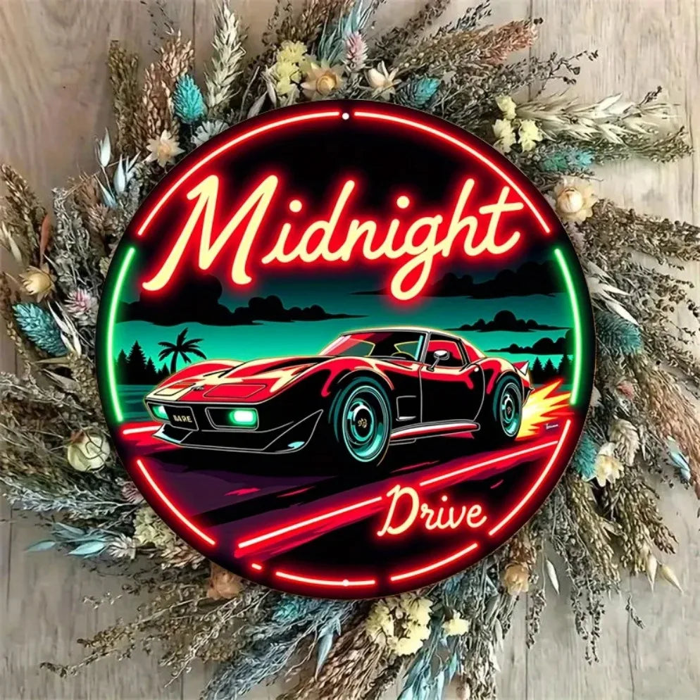 Vintage Neon Car Sign Midnight Drive – Retro Automotive LED Art Metal Sign with Red & Green Lights, Round Metal Wall Decor