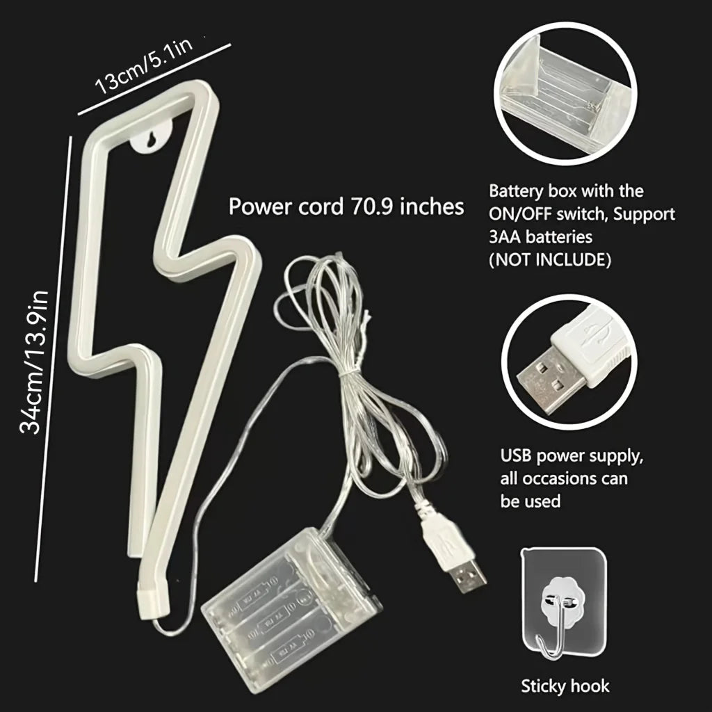1 Piece, Lightning-Shaped Neon Light, USB or Battery Powered, Suitable for Game Rooms, Bedroom Decoration, Dining Bar Atmosphere Setup, Ideal for Gift Giving (Battery Not Included)