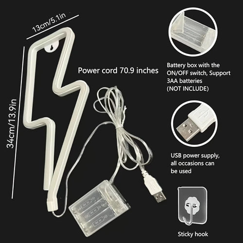 1 Piece, Lightning-Shaped Neon Light, USB or Battery Powered, Suitable for Game Rooms, Bedroom Decoration, Dining Bar Atmosphere Setup, Ideal for Gift Giving (Battery Not Included)